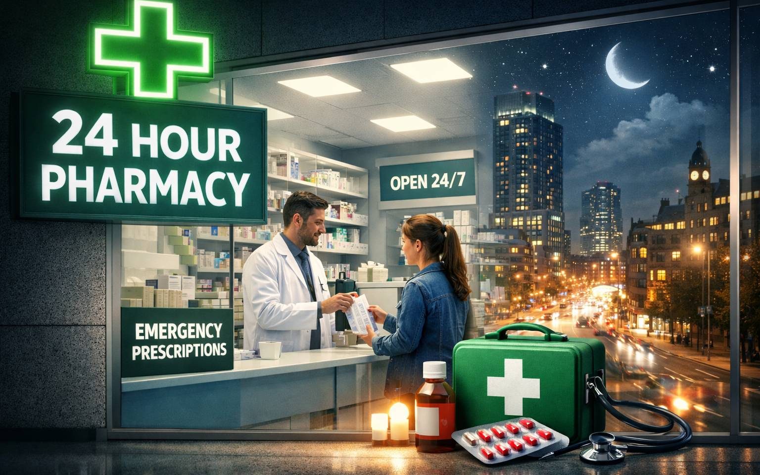 24 hour pharmacy in Manchester city centre providing emergency medicines and late-night healthcare services