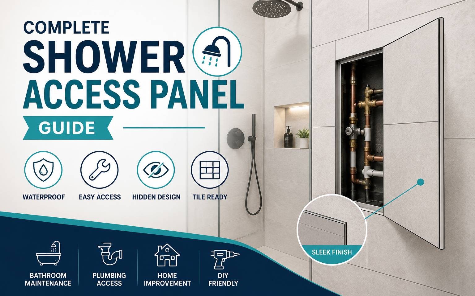 Modern shower access panel installed in a contemporary bathroom wall