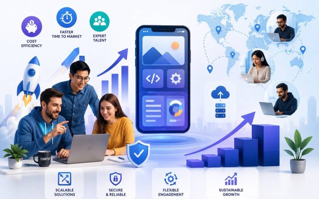 Team of mobile app developers helping a startup build scalable mobile applications through outsourcing.