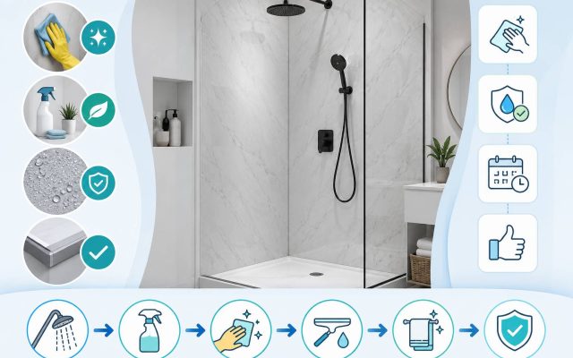 How to clean and maintain shower wall panels with proper cleaning tools and maintenance techniques in a modern UK bathroom