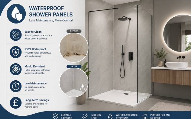 Modern bathroom featuring waterproof shower panels that reduce cleaning and maintenance requirements