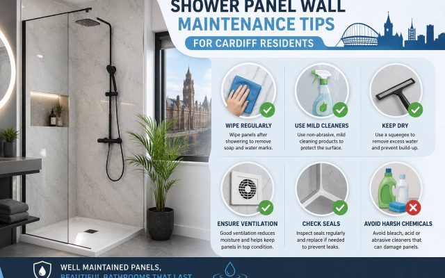 Modern bathroom with shower panel wall maintenance tips for Cardiff residents including cleaning, ventilation and seal checks