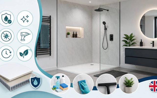 Modern UK bathroom with clean waterproof shower panels wall and maintenance accessories